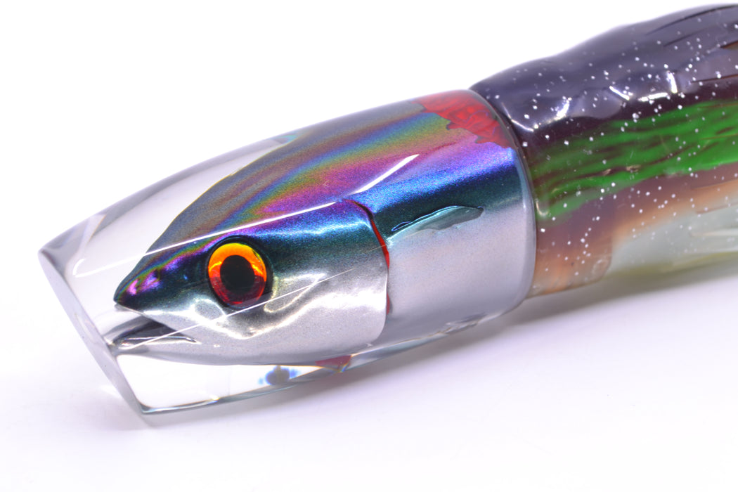 JB Signature Lures Bleeding Purple-Green-Silver Fish Head Medium Plunger 9" 5oz Skirted