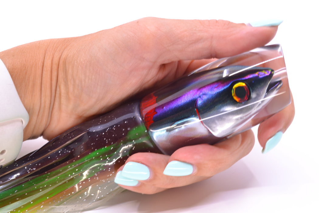 JB Signature Lures Bleeding Purple-Green-Silver Fish Head Medium Plunger 9" 5oz Skirted