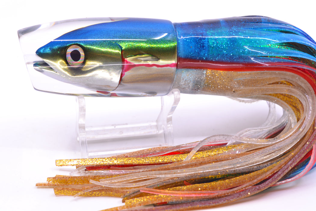 JB Signature Lures Bleeding Gills Blue-Yellow-Silver Fish Head Medium Plunger 9" 5oz Skirted