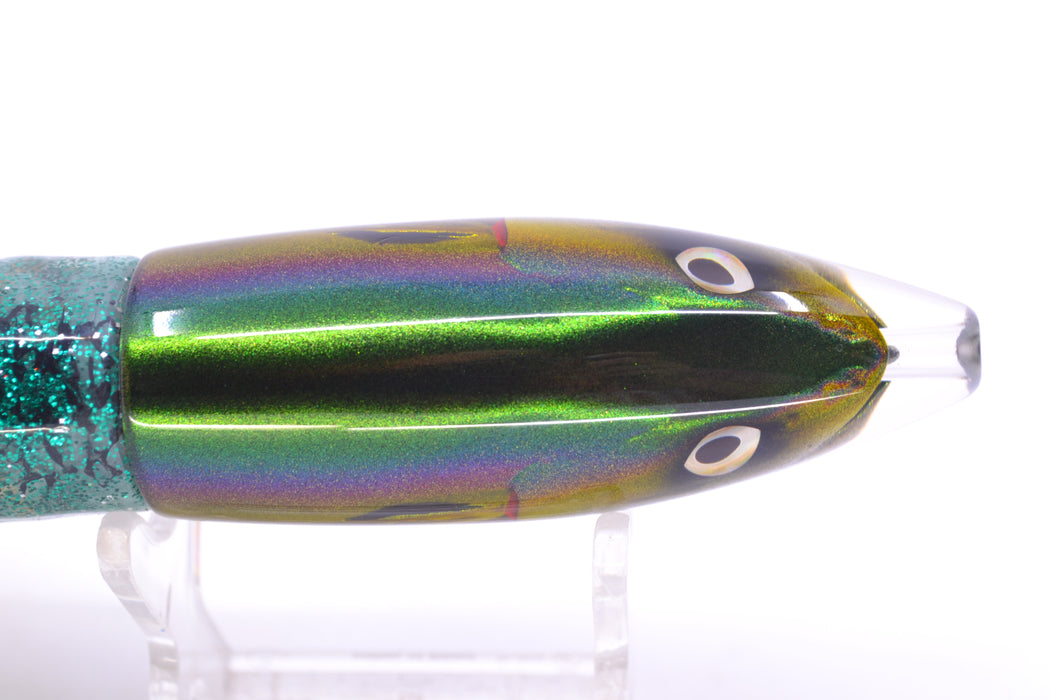JB Signature Lures Green-Gold-Silver Fish Head Small Barrel Bomb 7" 5oz Skirted