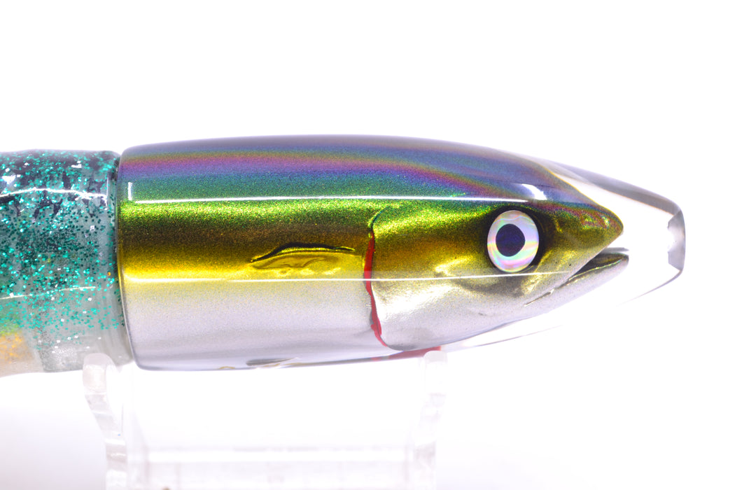 JB Signature Lures Green-Gold-Silver Fish Head Small Barrel Bomb 7" 5oz Skirted