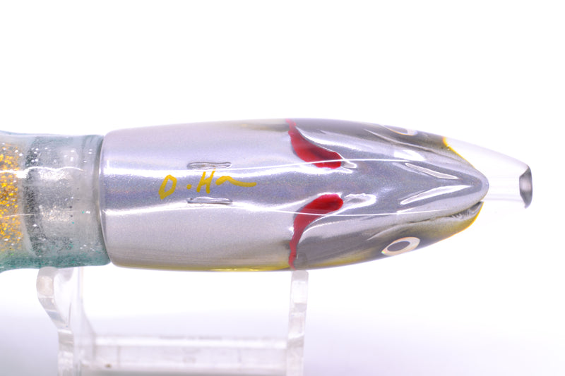 JB Signature Lures Green-Gold-Silver Fish Head Small Barrel Bomb 7" 5oz Skirted