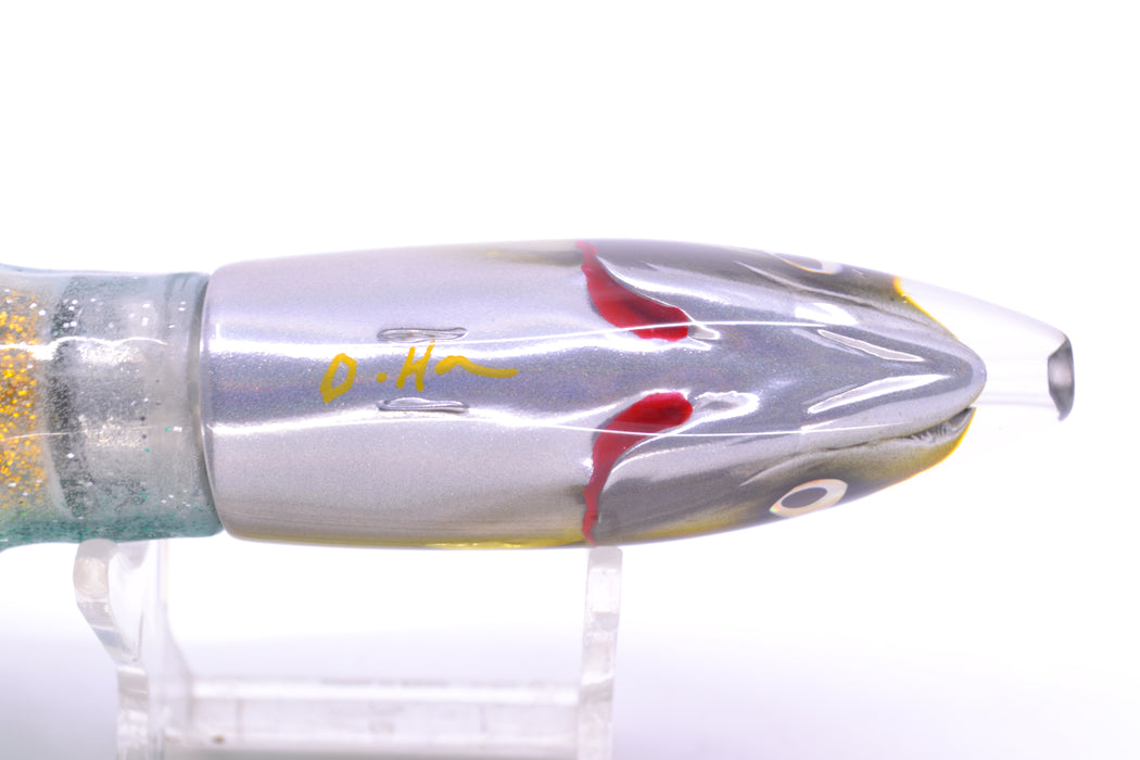 JB Signature Lures Green-Gold-Silver Fish Head Small Barrel Bomb 7" 5oz Skirted