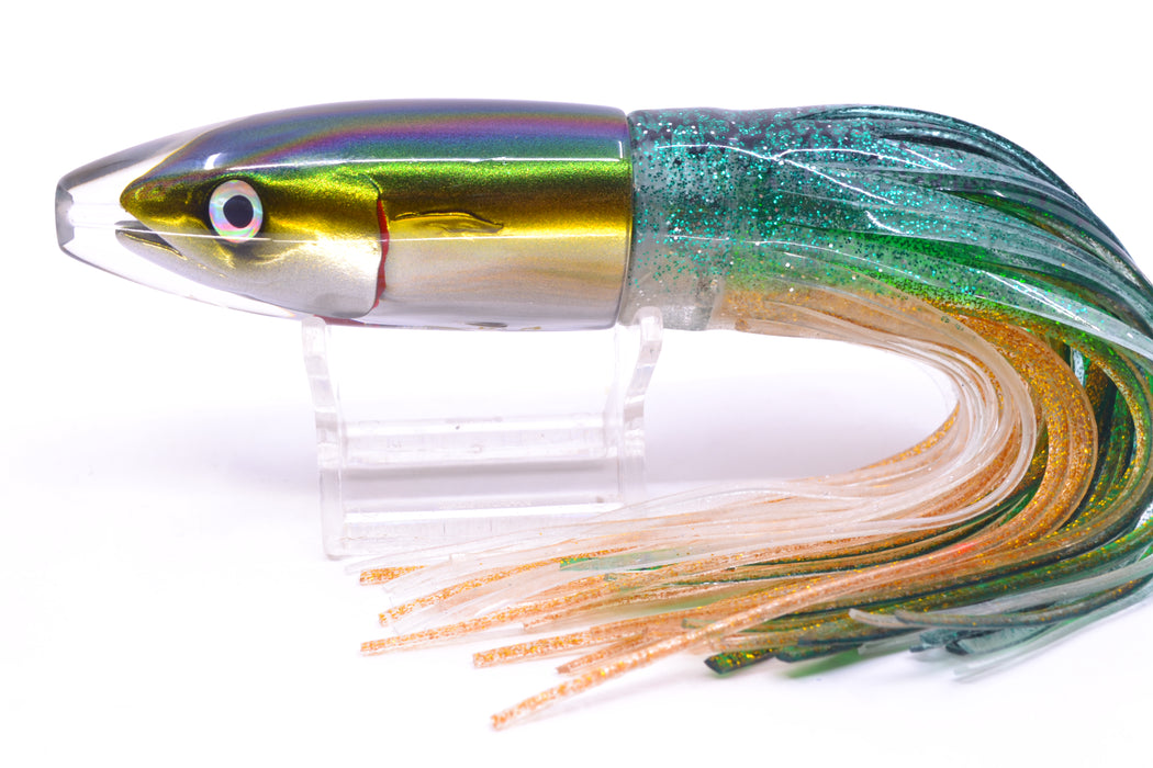 JB Signature Lures Green-Gold-Silver Fish Head Small Barrel Bomb 7" 5oz Skirted