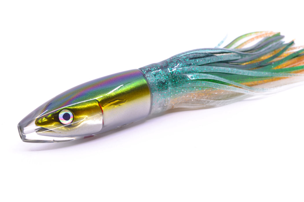 JB Signature Lures Green-Gold-Silver Fish Head Small Barrel Bomb 7" 5oz Skirted