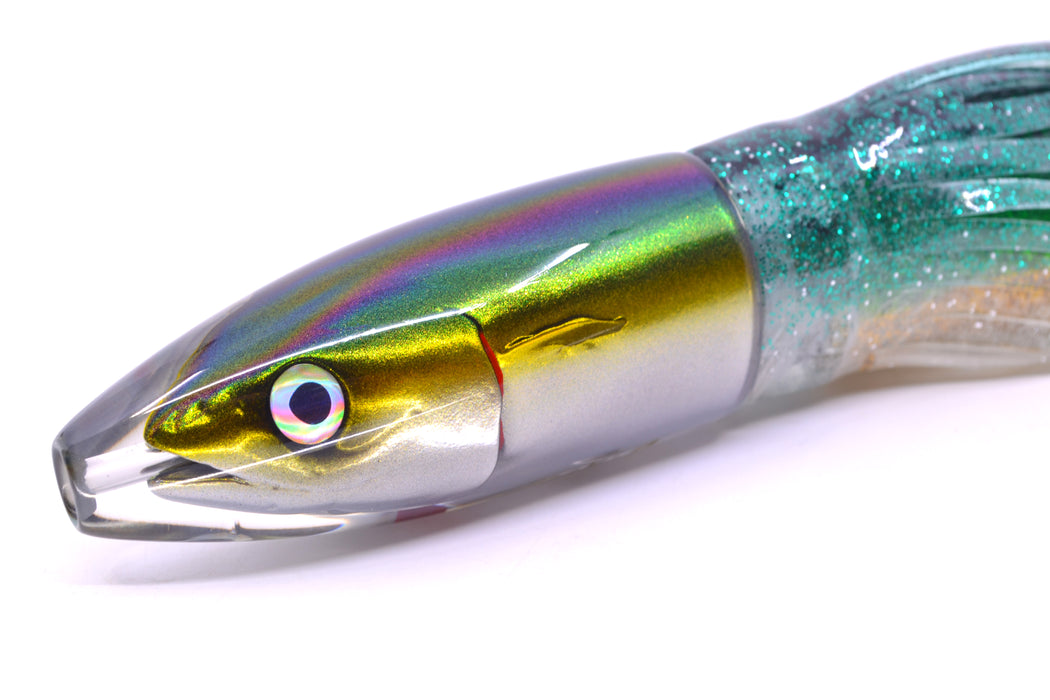JB Signature Lures Green-Gold-Silver Fish Head Small Barrel Bomb 7" 5oz Skirted