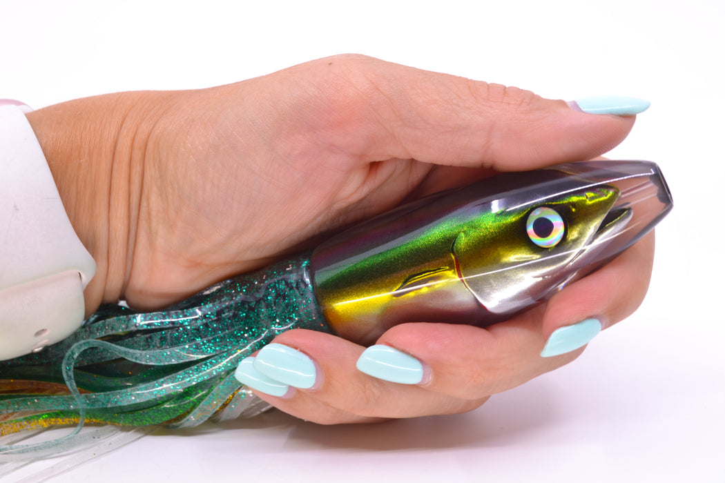 JB Signature Lures Green-Gold-Silver Fish Head Small Barrel Bomb 7" 5oz Skirted