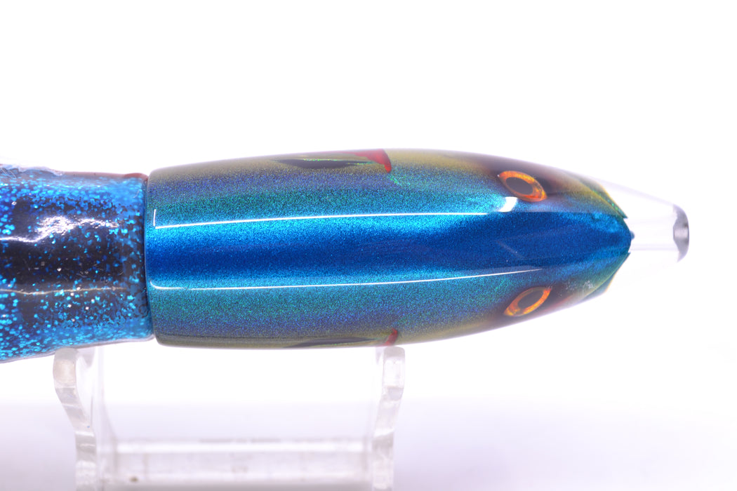JB Signature Lures Bleeding Blue-Gold-Silver Fish Head #1 Small Barrel Bomb 7" 5oz Skirted