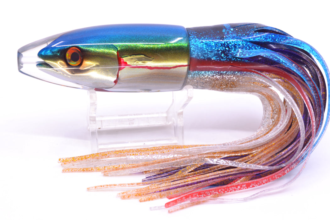 JB Signature Lures Bleeding Blue-Gold-Silver Fish Head #1 Small Barrel Bomb 7" 5oz Skirted
