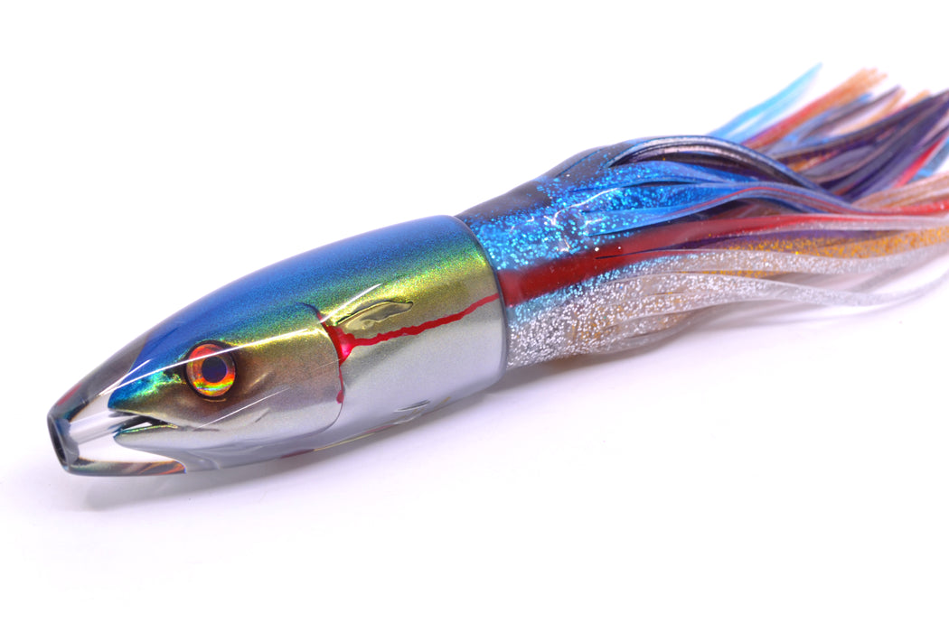 JB Signature Lures Bleeding Blue-Gold-Silver Fish Head #1 Small Barrel Bomb 7" 5oz Skirted