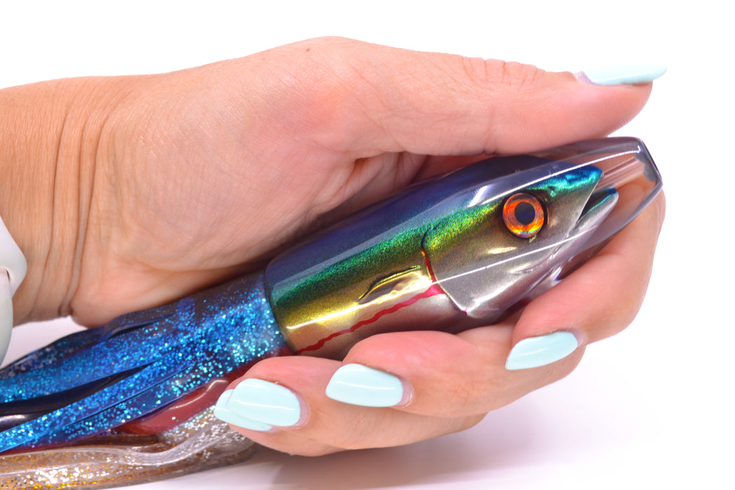 JB Signature Lures Bleeding Blue-Gold-Silver Fish Head #1 Small Barrel Bomb 7" 5oz Skirted
