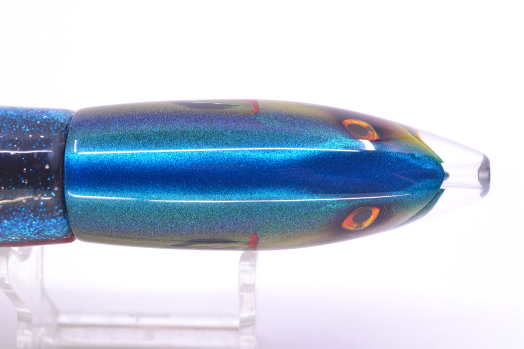 JB Signature Lures Bleeding Blue-Gold-Silver Fish Head #2 Small Barrel Bomb 7" 5oz Skirted