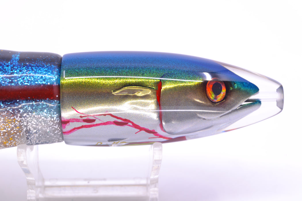 JB Signature Lures Bleeding Blue-Gold-Silver Fish Head #2 Small Barrel Bomb 7" 5oz Skirted
