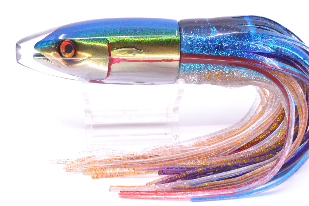 JB Signature Lures Bleeding Blue-Gold-Silver Fish Head #2 Small Barrel Bomb 7" 5oz Skirted