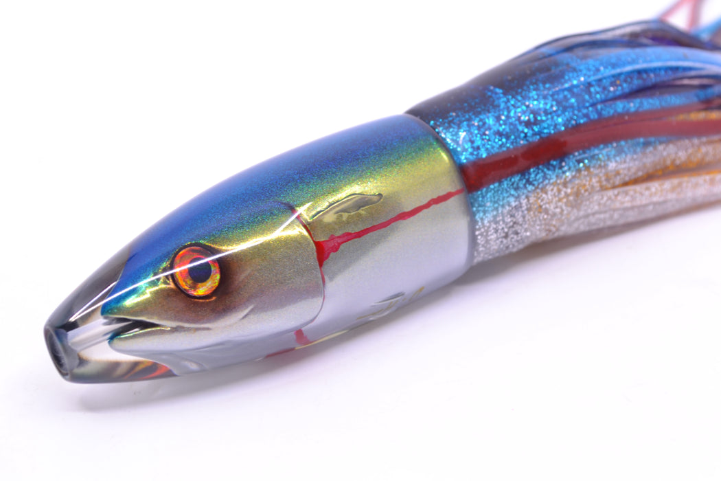 JB Signature Lures Bleeding Blue-Gold-Silver Fish Head #2 Small Barrel Bomb 7" 5oz Skirted