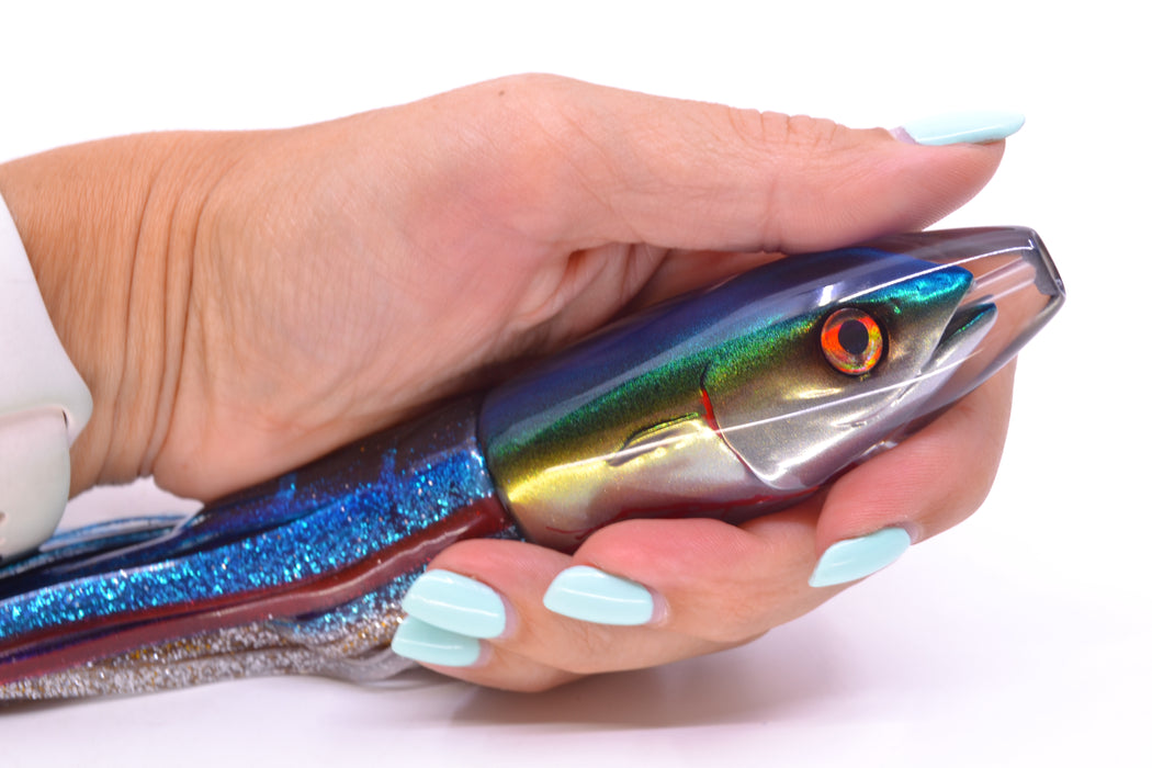 JB Signature Lures Bleeding Blue-Gold-Silver Fish Head #2 Small Barrel Bomb 7" 5oz Skirted