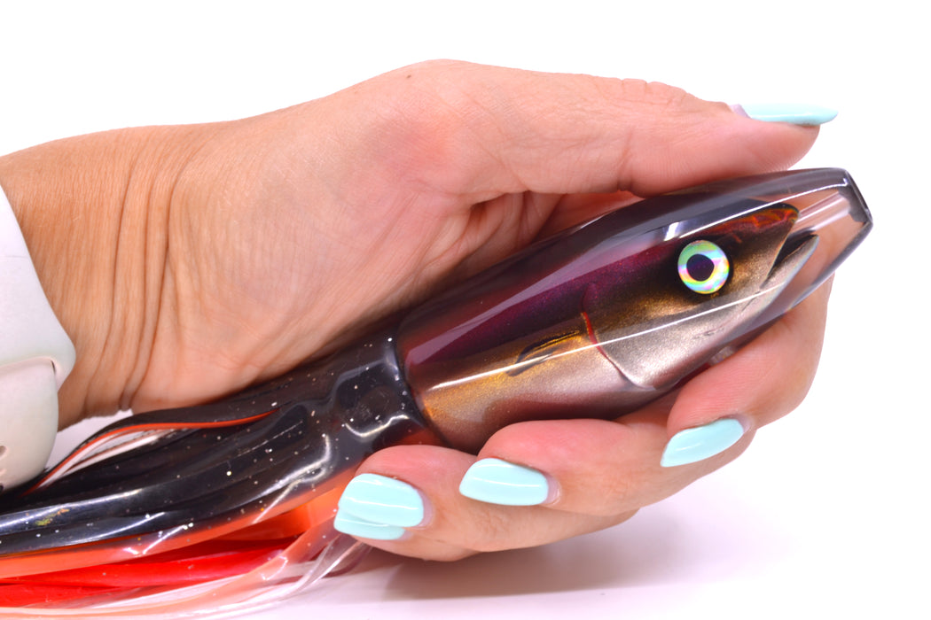 JB Signature Lures Root Beer-Gold-Silver Fish Head Small Barrel Bomb 7" 5oz Skirted