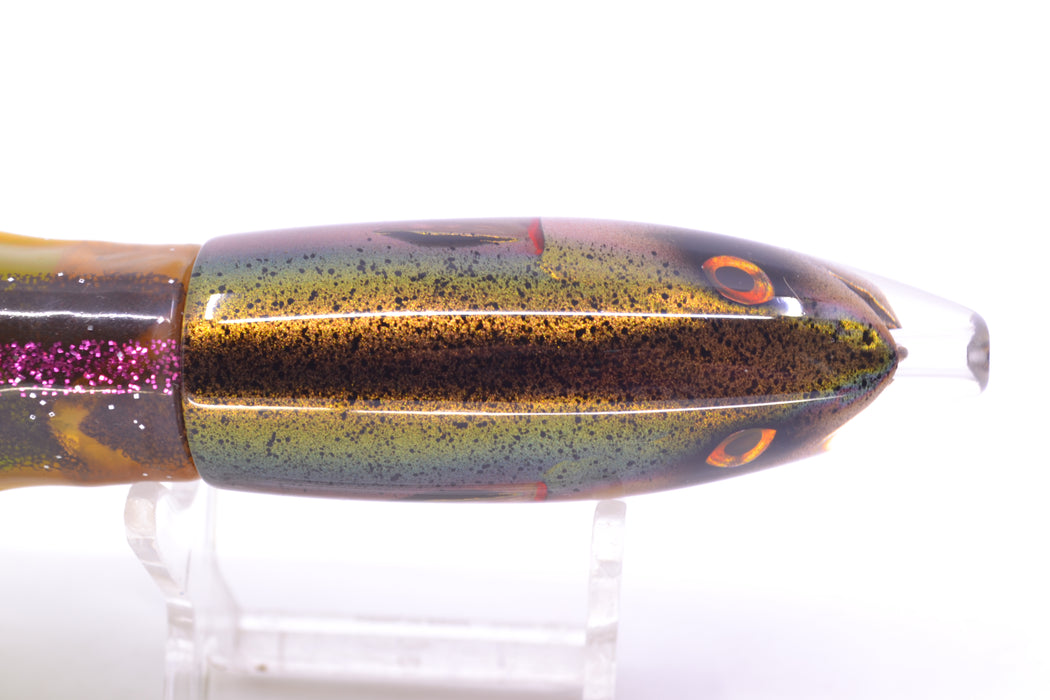 JB Signature Lures Speckled Olive-Silver Fish Head Small Barrel Bomb 7" 5oz Skirted