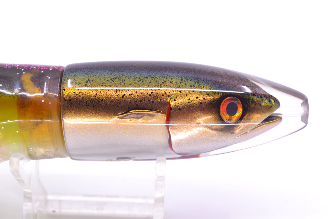 JB Signature Lures Speckled Olive-Silver Fish Head Small Barrel Bomb 7" 5oz Skirted