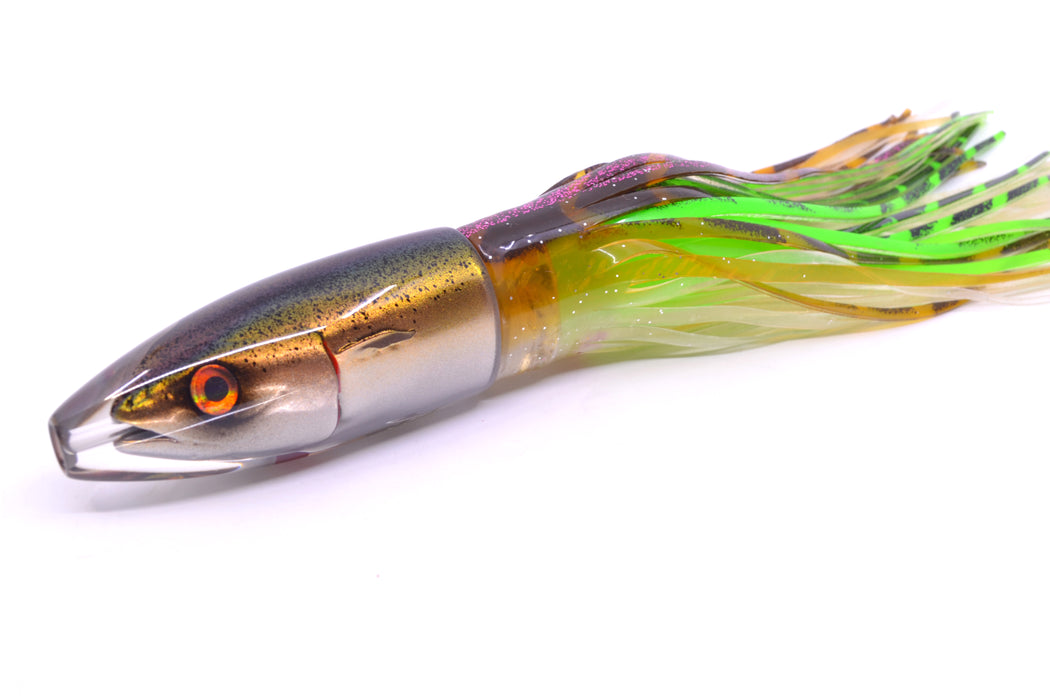 JB Signature Lures Speckled Olive-Silver Fish Head Small Barrel Bomb 7" 5oz Skirted