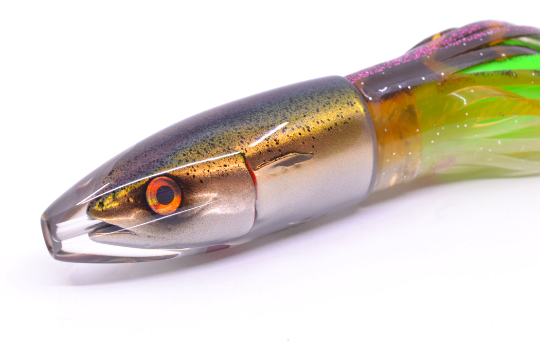 JB Signature Lures Speckled Olive-Silver Fish Head Small Barrel Bomb 7" 5oz Skirted
