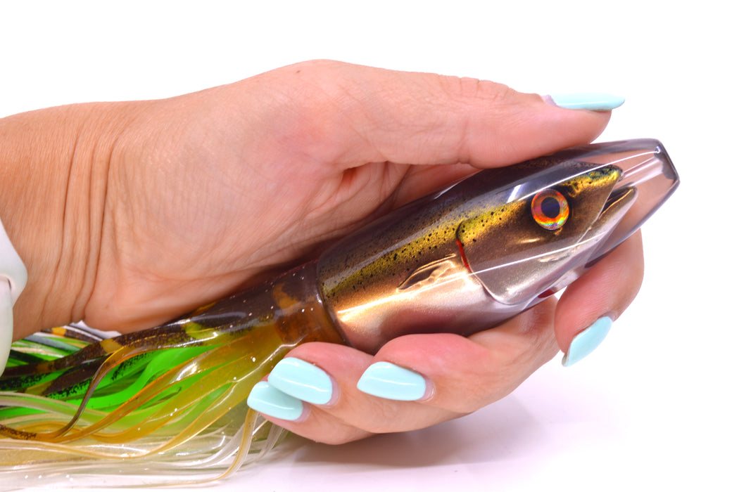 JB Signature Lures Speckled Olive-Silver Fish Head Small Barrel Bomb 7" 5oz Skirted