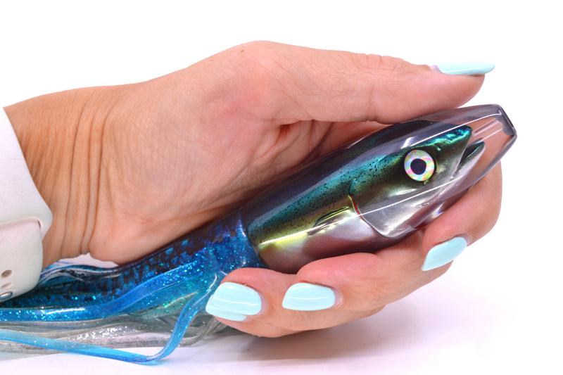 JB Signature Lures Speckled Green-Gold-Silver Fish Head Small Barrel Bomb 7" 5oz Skirted