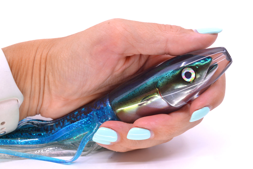 JB Signature Lures Speckled Green-Gold-Silver Fish Head Small Barrel Bomb 7" 5oz Skirted