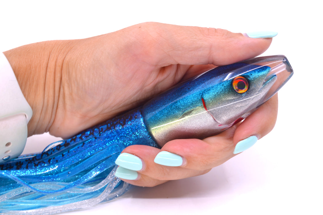 JB Signature Lures Bleeding Blue-Silver Fish Head Small Barrel Bomb 7" 5oz Skirted Blue-Silver