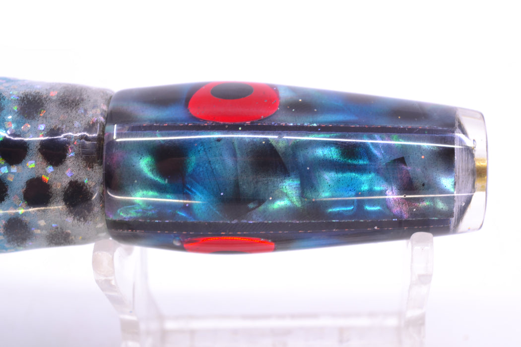 Ganku Lures Blue Abalone with Black Dots Longneck Pusher 7" 5oz Skirted Milky White/Ice Blue