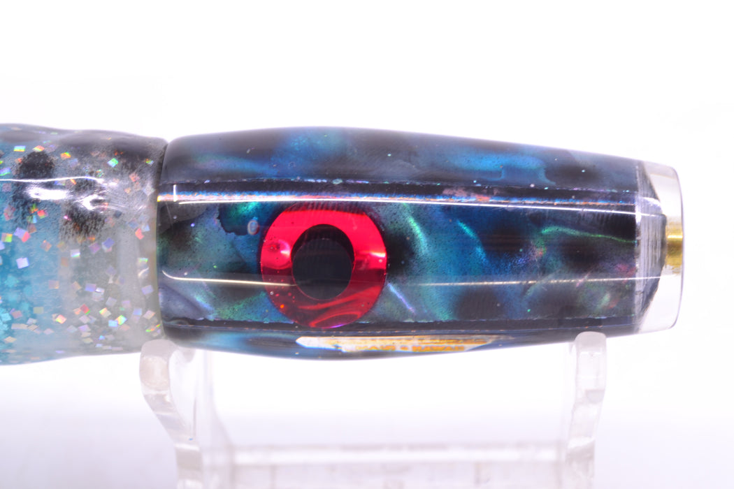 Ganku Lures Blue Abalone with Black Dots Longneck Pusher 7" 5oz Skirted Milky White/Ice Blue