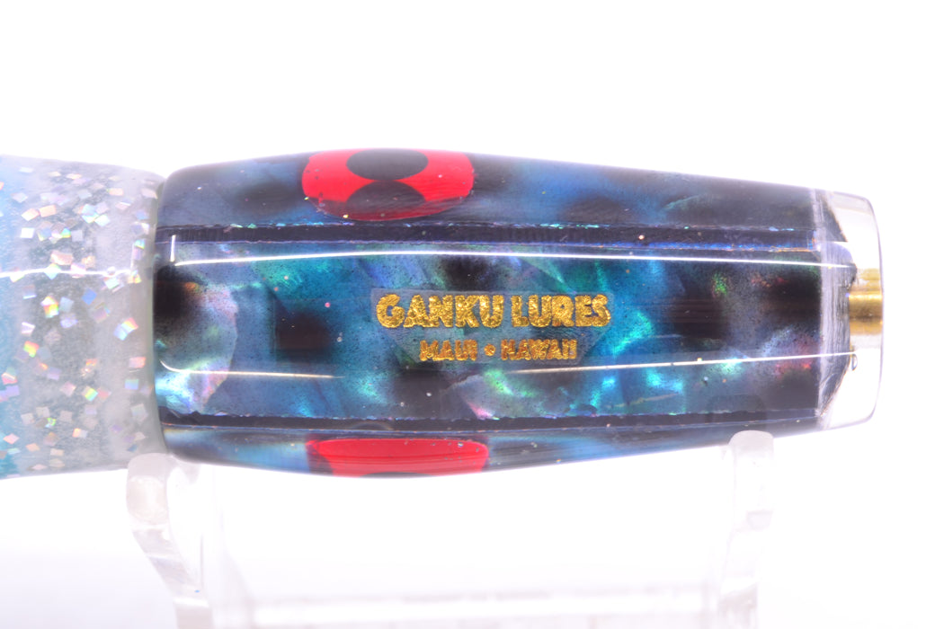 Ganku Lures Blue Abalone with Black Dots Longneck Pusher 7" 5oz Skirted Milky White/Ice Blue