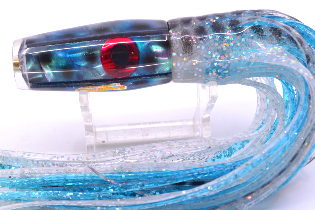 Ganku Lures Blue Abalone with Black Dots Longneck Pusher 7" 5oz Skirted Milky White/Ice Blue