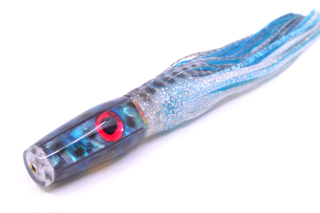 Ganku Lures Blue Abalone with Black Dots Longneck Pusher 7" 5oz Skirted Milky White/Ice Blue