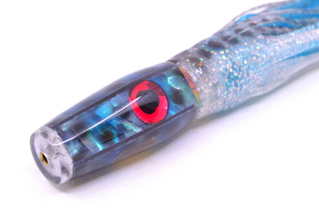 Ganku Lures Blue Abalone with Black Dots Longneck Pusher 7" 5oz Skirted Milky White/Ice Blue