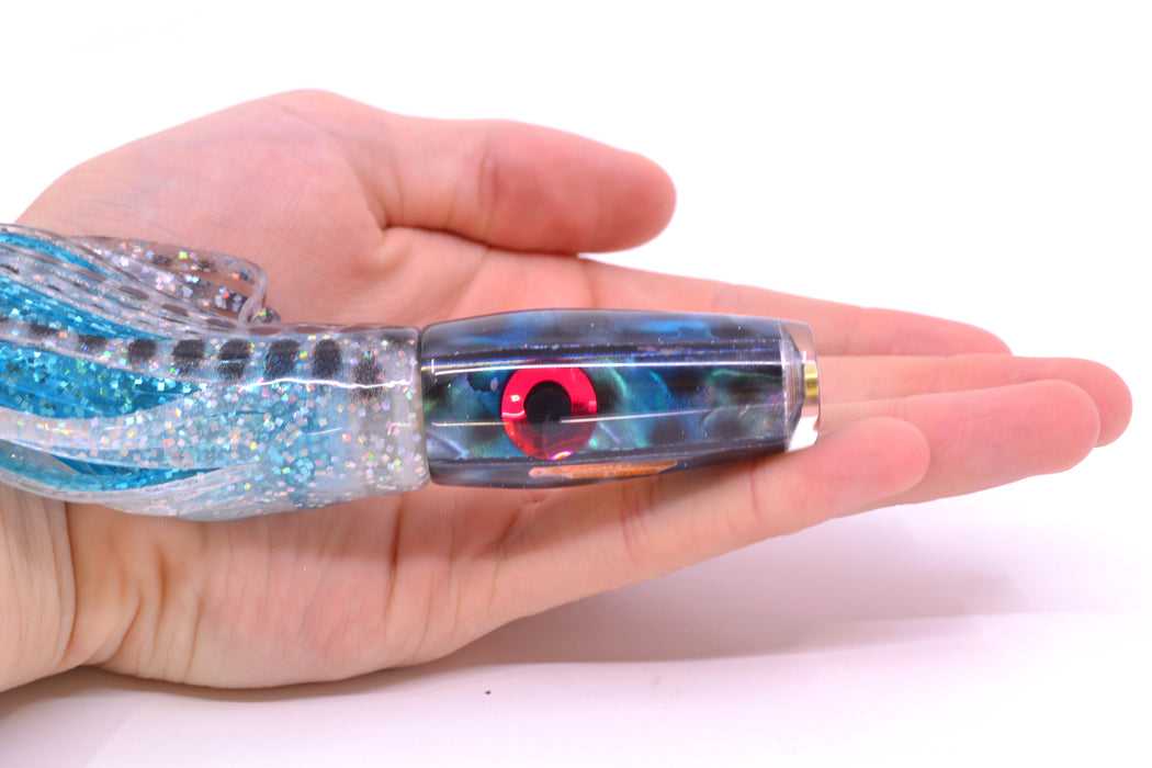 Ganku Lures Blue Abalone with Black Dots Longneck Pusher 7" 5oz Skirted Milky White/Ice Blue