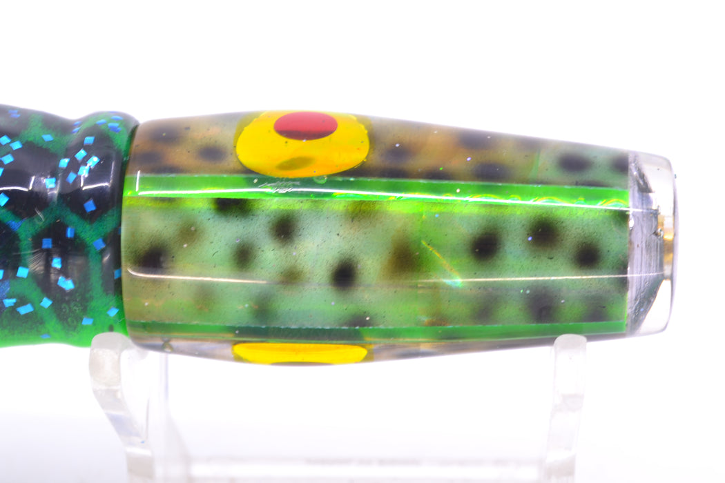 Ganku Lures Green "Tiger Cowrie" Longneck Pusher 7" 5oz Skirted Black Dots-Blue Dots