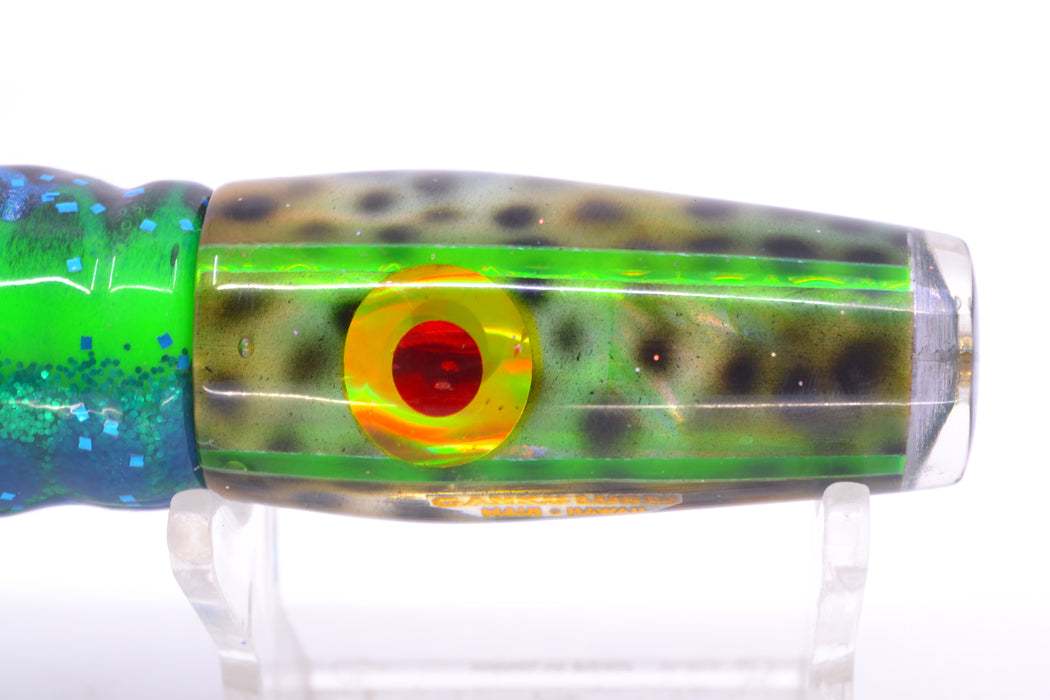 Ganku Lures Green "Tiger Cowrie" Longneck Pusher 7" 5oz Skirted Black Dots-Blue Dots