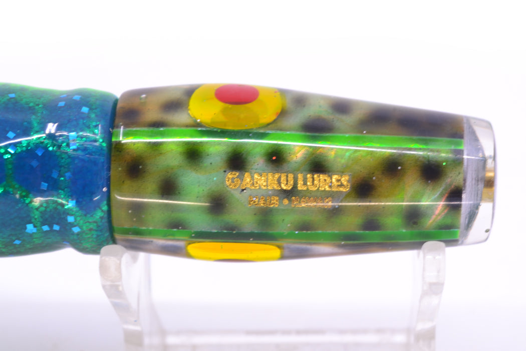 Ganku Lures Green "Tiger Cowrie" Longneck Pusher 7" 5oz Skirted Black Dots-Blue Dots