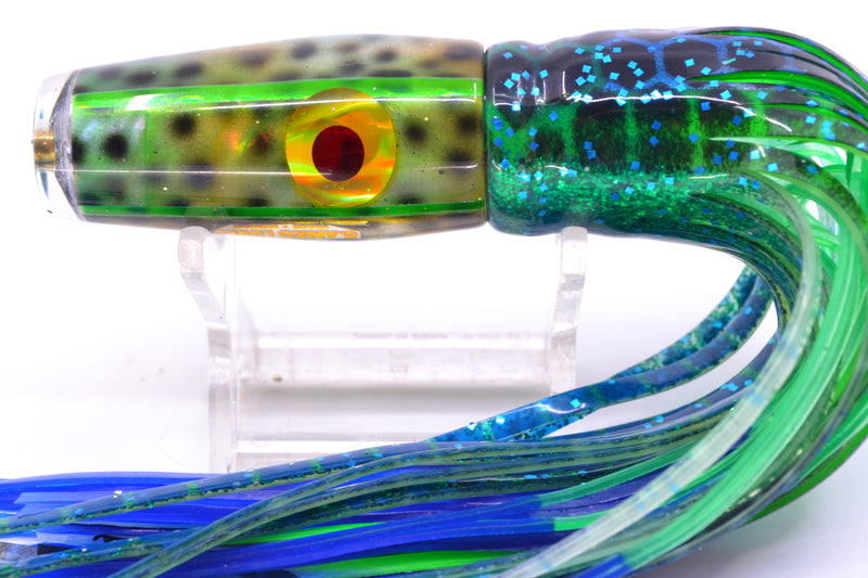 Ganku Lures Green "Tiger Cowrie" Longneck Pusher 7" 5oz Skirted Black Dots-Blue Dots