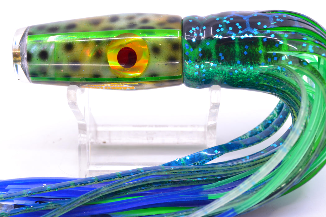 Ganku Lures Green "Tiger Cowrie" Longneck Pusher 7" 5oz Skirted Black Dots-Blue Dots