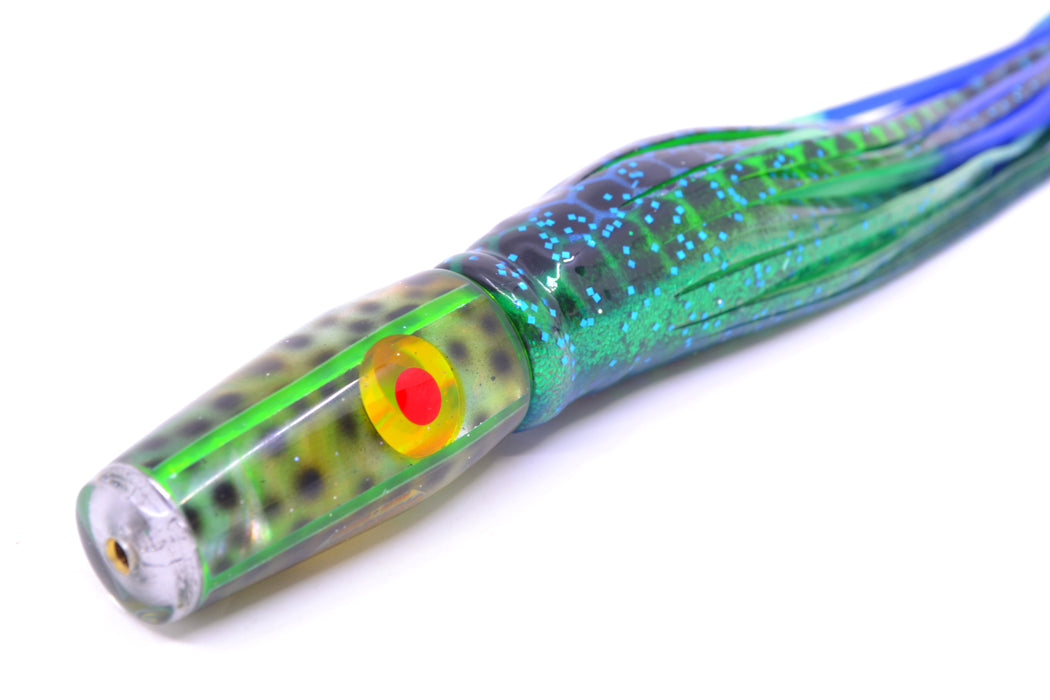 Ganku Lures Green "Tiger Cowrie" Longneck Pusher 7" 5oz Skirted Black Dots-Blue Dots