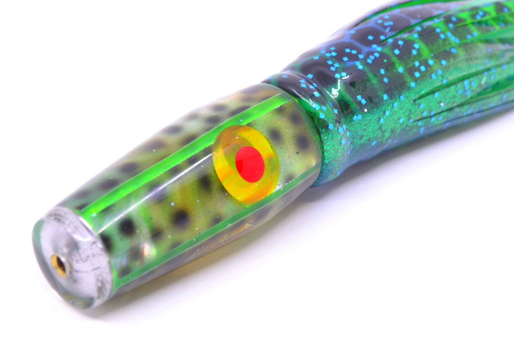 Ganku Lures Green "Tiger Cowrie" Longneck Pusher 7" 5oz Skirted Black Dots-Blue Dots
