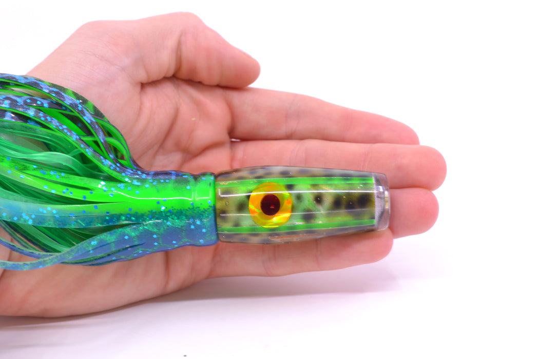 Ganku Lures Green "Tiger Cowrie" Longneck Pusher 7" 5oz Skirted Black Dots-Blue Dots