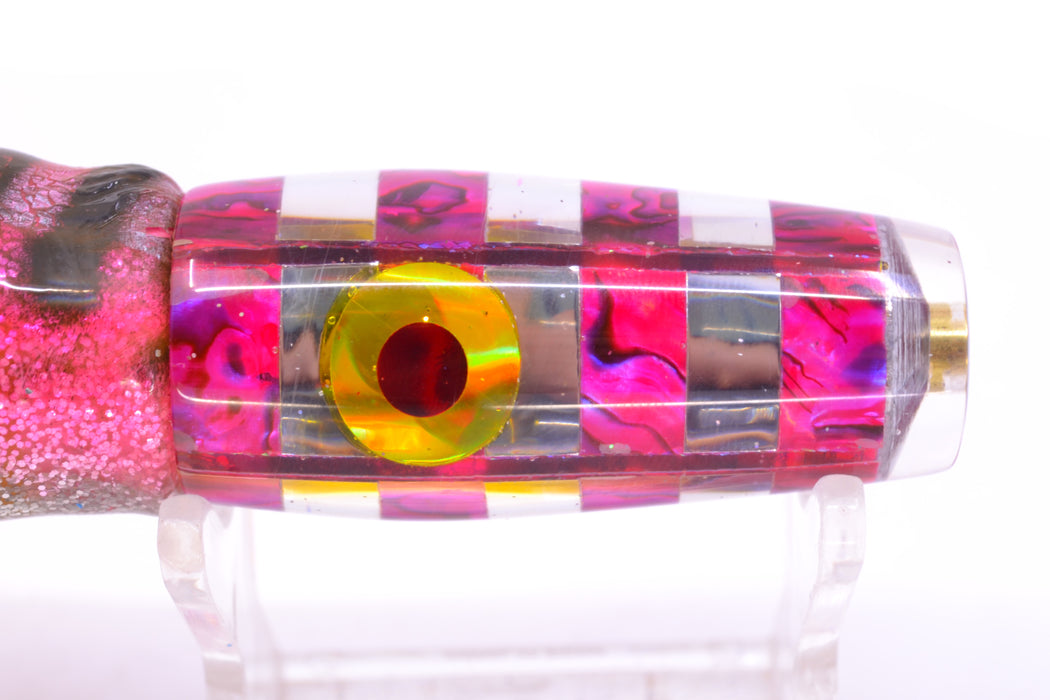 Ganku Lures Pink Abalone-Silver "Zebra" Longneck Pusher 7" 5oz Skirted Pink Aurora