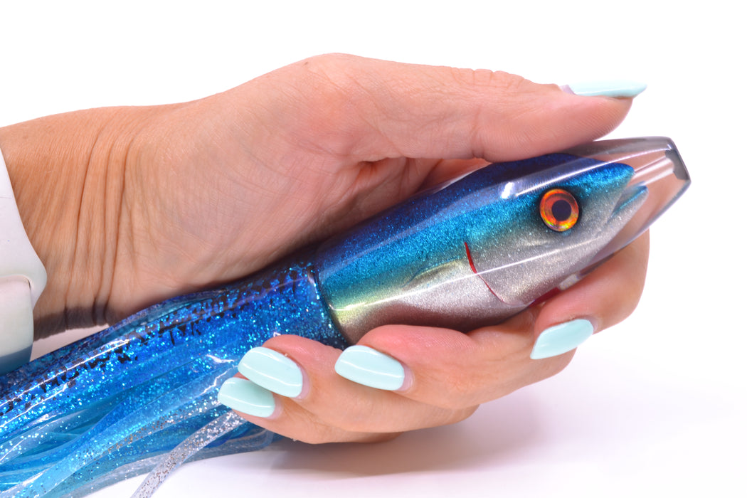 JB Signature Lures Blue-Silver Fish Head Small Barrel Bomb 7" 5oz Skirted Blue-Silver