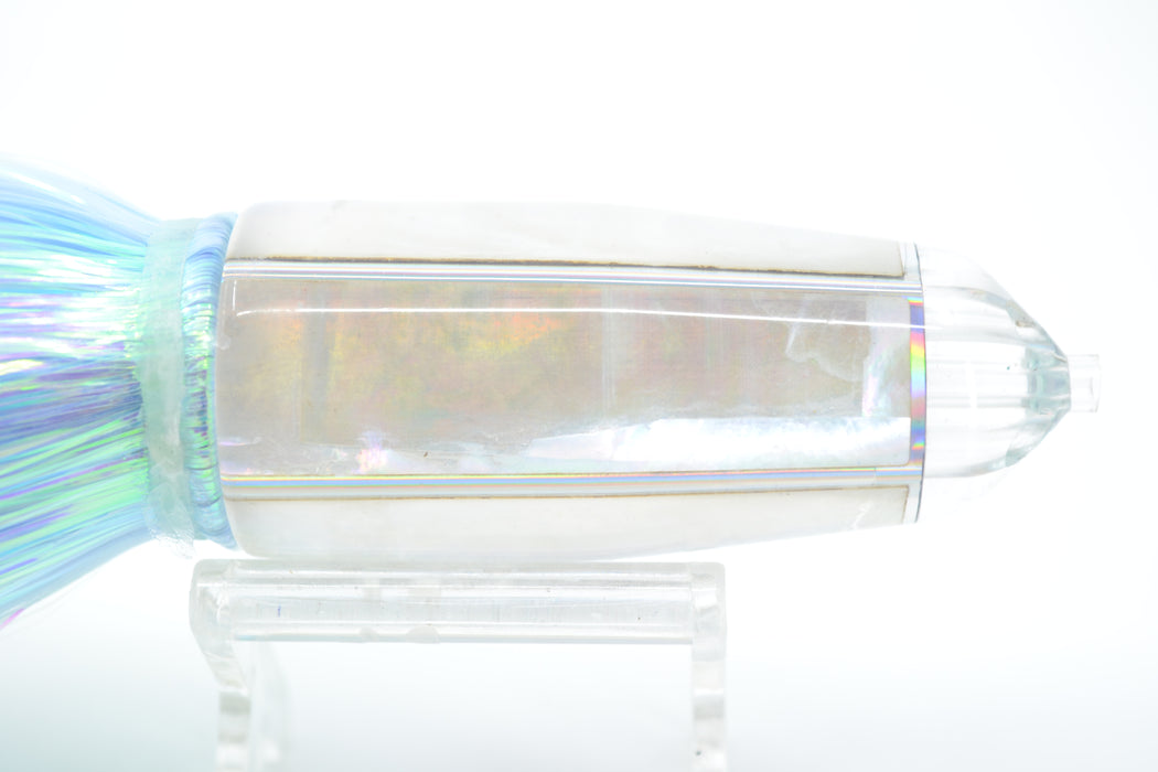 Moyes Lures White Rainbow MOP 4-Hole Medium Sicario Bullet 10" 7.1oz Flashabou