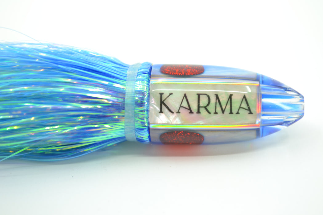 Koya Lures White MOP Blue Back Karma 4-Hole Bullet 4.5" 1.5oz Flashabou Blue-Yellow