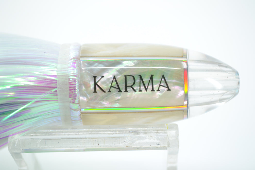 Koya Lures White MOP Karma 4-Hole Bullet 6" 3oz Flashabou White-Purple