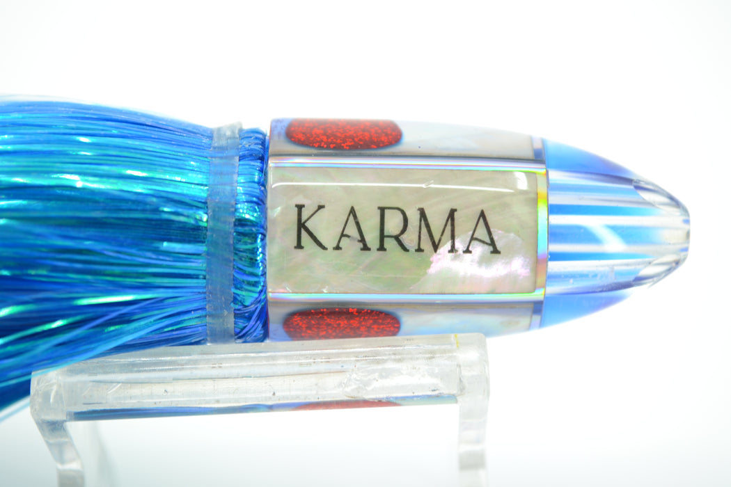 Koya Lures White MOP Blue Back Karma 4-Hole Bullet 6" 3oz Flashabou Dark Blue-White